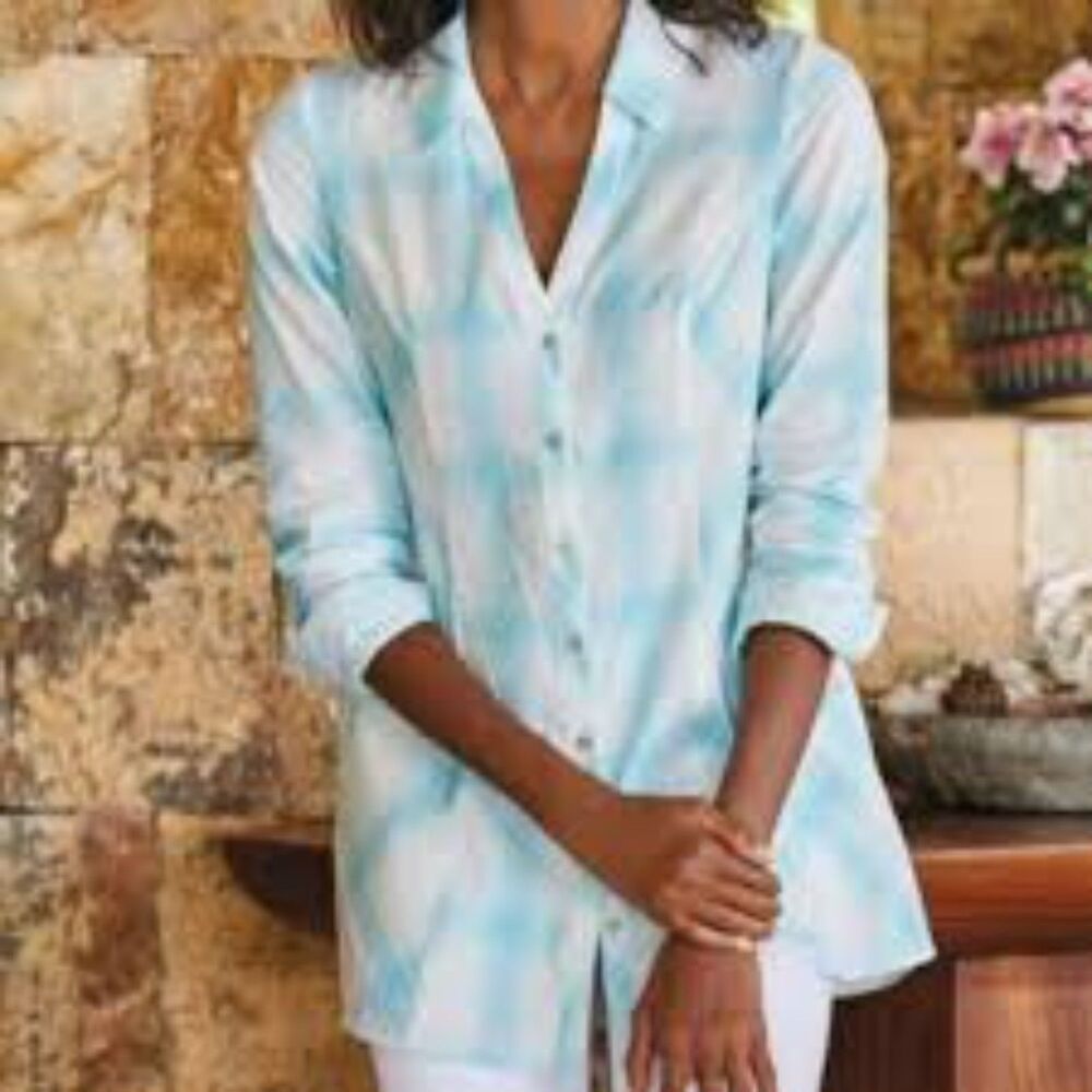 Soft Surroundings Blue White Cosette Plaid Button Top Blouse Plus Size 1X